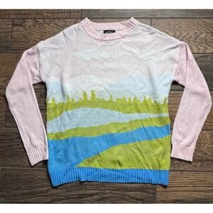 Just Polly New York Landscape Scenic Sweater Pink Blue Green Women's Small